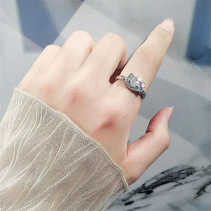 Sanrio Hello Kitty Ring Cute Cartoon KT Cat Rhinestone Zircon Mosaic 925 Silver Girl Ring Ornaments Jewelry Holiday Gift