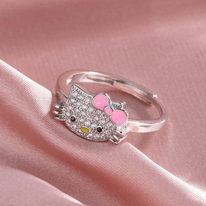 Sanrio Hello Kitty Ring Cute Cartoon KT Cat Rhinestone Zircon Mosaic 925 Silver Girl Ring Ornaments Jewelry Holiday Gift