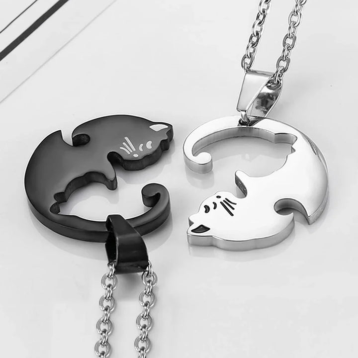 Two Cat Couple Necklaces Jewelry Stainless Steel Black White Kitten Animal Pendant Choker Necklace Lovers Friendship Gift